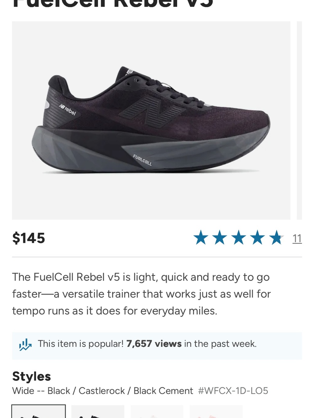 New Balance FuelCell Rebel v5 Running Shoes - Black and Castlerock